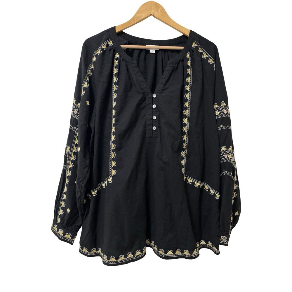 J Jill Womens Embroidered‎ Peasant Blouse Size XLT Black Boho Dark Cottagecore